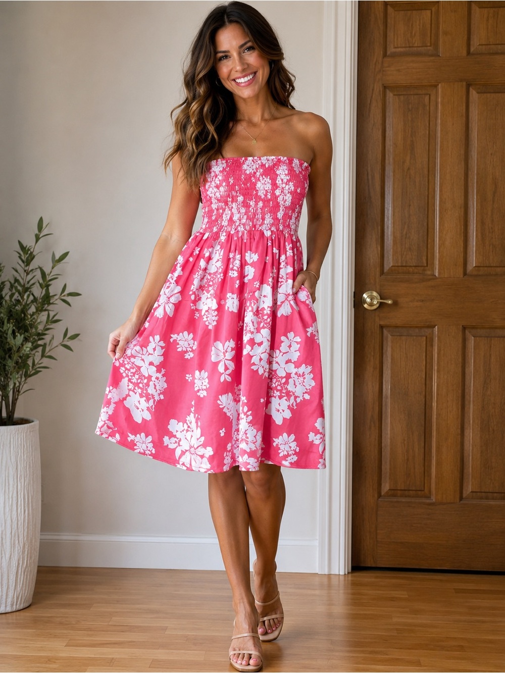 SENSEA Hot Pink and White Floral Smocked Skater Skirt
